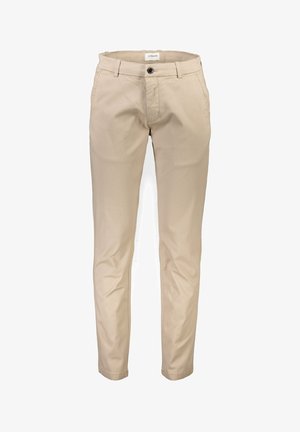 Beige katoenen broek met een rechte pijp, voorzien van voorzakken, een ritssluiting en een enkele knoopsluiting. Gladde textuur, zonder patronen.