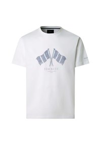 T-shirt blanc à manches courtes avec des drapeaux d'aviron bleus croisés et le texte « Hackett London Rowing Club » sur le devant, petit logo sur la manche gauche.