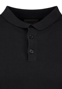Polo shirt nera con colletto a coste, patta con tre bottoni e tessuto morbido e testurizzato. Nessun motivo o accento visibile.