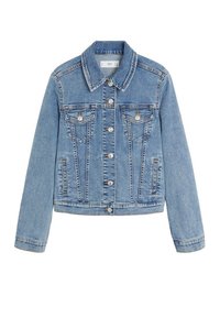 Veste en denim bleu clair avec fermeture à boutons, deux poches poitrine à rabats et deux poches latérales fendues, manches longues et col classique.