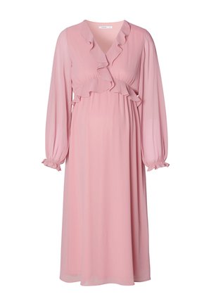 Rosa Umstandskleid aus leichtem Stoff mit langen Ärmeln, gerafftem Oberteil und elastischen Bündchen. Fließende A-Linien-Silhouette.