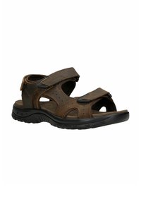 Brązowe skórzane sandały o otwartej konstrukcji, z regulowanymi zapięciami na rzep, perforowanymi detalami i trwałą czarną gumową podeszwą.
