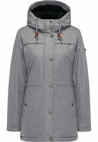 Šedá polstrovaná parka s kapucí, vybavená patentkami a zipem, dvěma předními kapsami a hnědými koženými detaily na stahovacích šňůrkách.