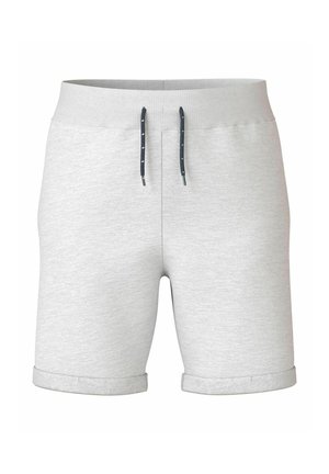 Shorts en jersey gris avec un ourlet roulé, dotés d'une taille élastique douce et d'un cordon de serrage bleu marine avec des accents blancs. Design décontracté.