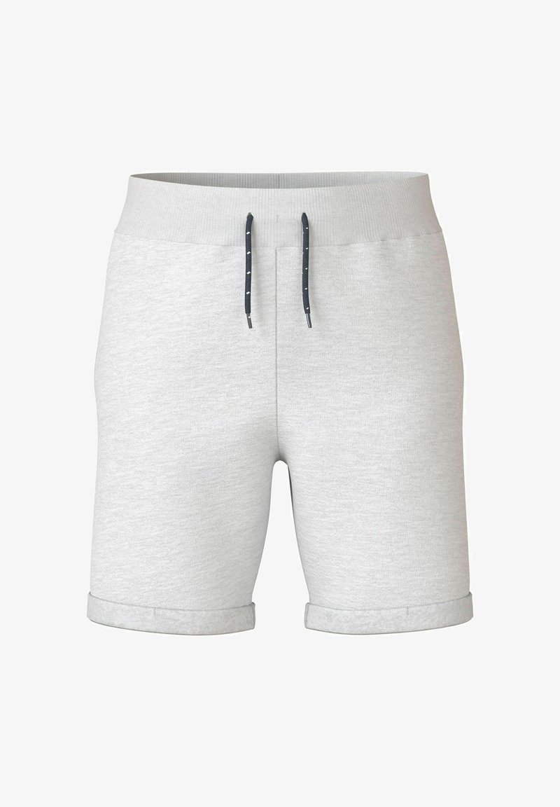 Šedé úpletové šortky s prehnutým lemom, s mäkkým elastickým pásom a modrou šnúrkou s bielymi akcentmi. Neformálny dizajn.