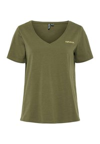 T-shirt vert olive avec un col en V, manches courtes, et "amour" brodé en fil doré sur le côté gauche. Tissu doux et léger.