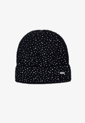 Czarna czapka typu beanie wykonana z miękkiej tkaniny, ozdobiona rozproszonymi srebrnymi kryształkami. Posiada podwinięty mankiet i małą metkę z logo marki.