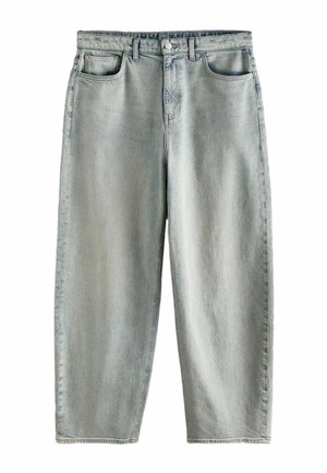 Light grey denim jeans with a high waist, straight-leg cut, button closure, and five-pocket design.