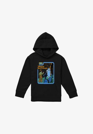 Schwarzer Hoodie mit einem Cartoon-Jungen auf einem Friedhof, der einem Geist zuwinkt, mit dem Text "Neue Freunde finden" und dem Label "Soziale Fähigkeiten".