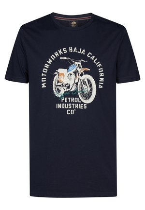 Tricou albastru marin cu grafică vintage de motocicletă și text: "Motorworks Baja California, Calitate robustă, Petrol Industries Co."