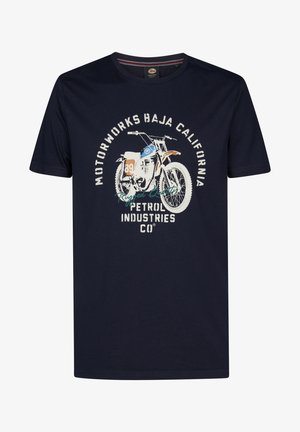 Granatowy T-shirt z grafiką vintage motocykla i tekstem: "Motorworks Baja California, Solidna jakość, Petrol Industries Co."