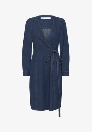 Denim dress with a wrap design, deep V-neck, long sleeves, and a tie at the waist. Features contrasting stitching and knee-length hem.