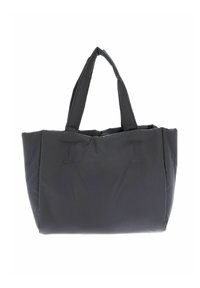 Sac fourre-tout noir matelassé avec deux poignées courtes, une texture douce et un design sans coutures. Construction robuste sans quincaillerie ni motifs visibles.