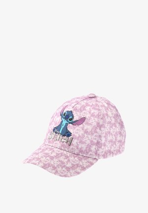 Lila batikkeps med rund topp; har en animerad Stitch-karaktär och texten "Stitch" i silverbokstäver.