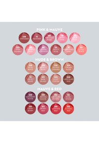 Graphique de 24 échantillons de couleur de rouge à lèvres ronds dans différentes teintes, organisés par catégorie : Rose et Mauve, Nu et Marron, Mauve et Rouge, avec les noms étiquetés.