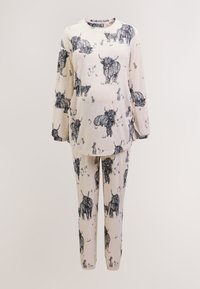 Ensemble de pyjama beige à manches longues confortable avec des dessins noirs de style croquis de bovins des Highlands et petits détails d’herbe.