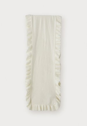 White, textured fabric scarf with ruffled edges. Rectangular shape, soft material, smooth finish without patterns or hardware details.