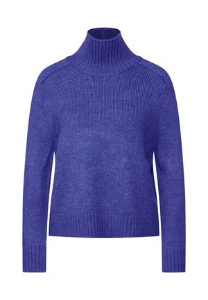 Maglione viola a collo alto con trama a coste, maniche lunghe e una vestibilità rilassata. Finiture includono polsini e orlo a coste.