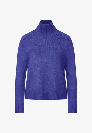 Fioletowy sweter z golfem o prążkowanej teksturze, z długimi rękawami i luźnym krojem. Wykończenie obejmuje prążkowane mankiety i dół.