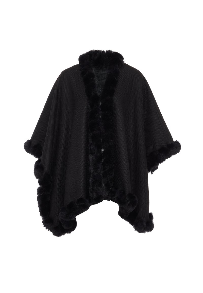 Schwarzer Poncho aus einem weichen, strukturierten Stoff. Er hat einen flauschigen Kunstpelzbesatz entlang der Kanten und des Kragens, der einen gemütlichen, warmen Look schafft.