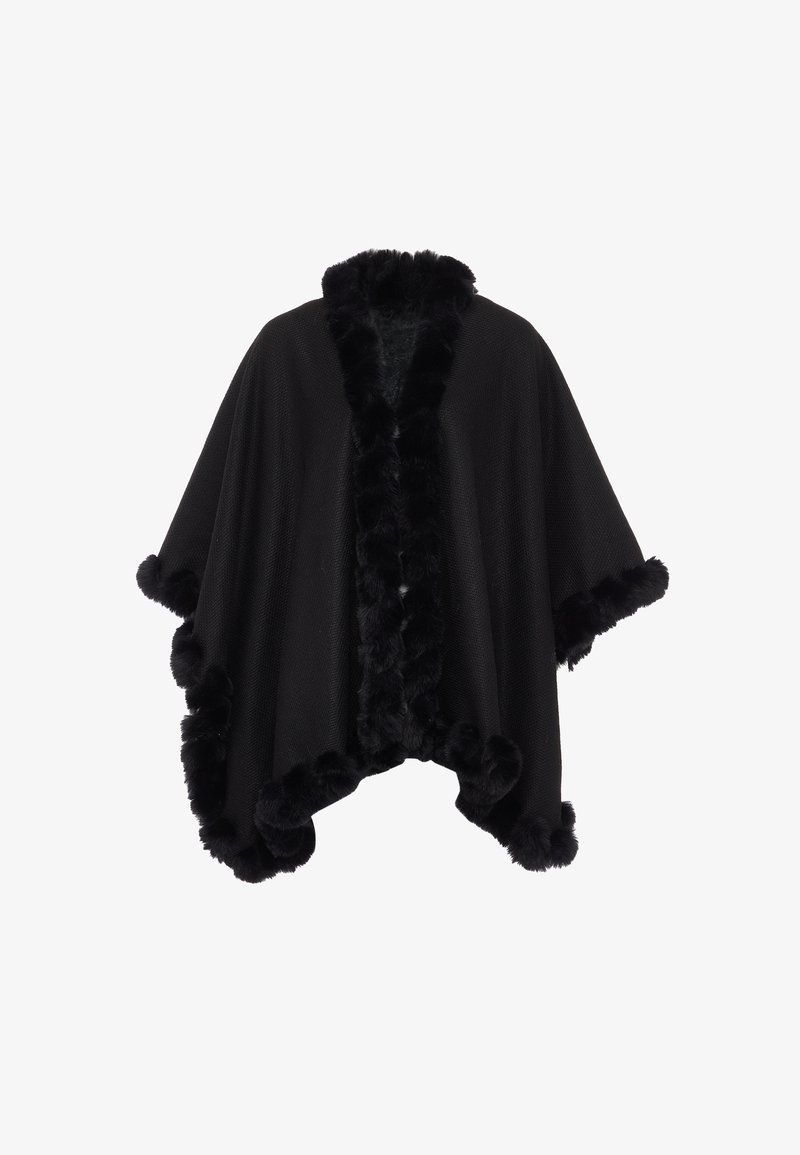 Schwarzer Poncho aus einem weichen, strukturierten Stoff. Er hat einen flauschigen Kunstpelzbesatz entlang der Kanten und des Kragens, der einen gemütlichen, warmen Look schafft.