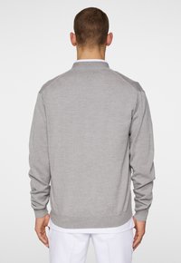 Ljusgrå stickad pullover med l ånga ärmar och ribbad muddfinish. Den har en klassisk krage och en slät textur, perfekt för avslappnad användning.