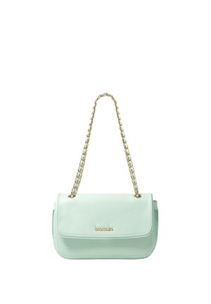 Borsa a tracolla in pelle verde chiaro con catenella dorata e logo "braccialini" dorato sulla patta frontale.