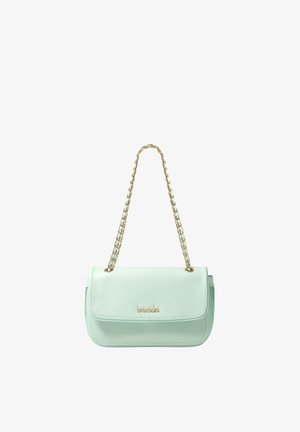 Light green leather shoulder bag with gold chain strap and gold "braccialini" logo on front flap.