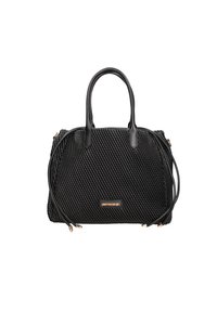 Sac à main noir en tissu texturé avec des poignées en cuir lisse. Présente une plaque logo en or et une fermeture éclair. Options de portage double.
