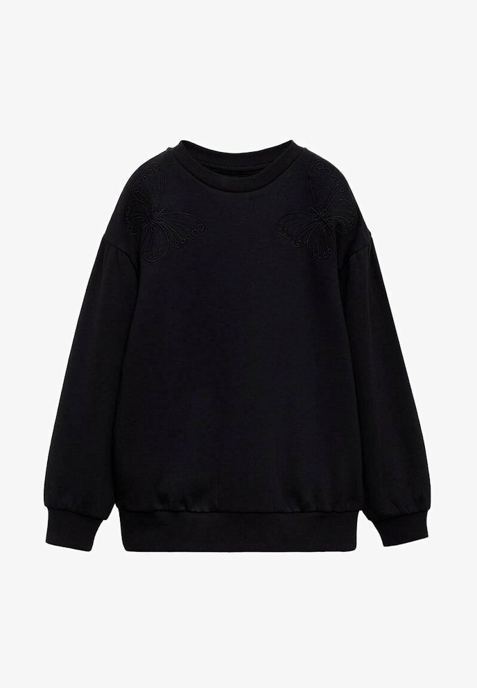 Musta huppari pitkähihaisilla, ribbaatulla kaula-aukolla ja hihansuilla, jossa on kohokuvioituja perhosimuotoja olkapäillä. Sileä kankaan rakenne.