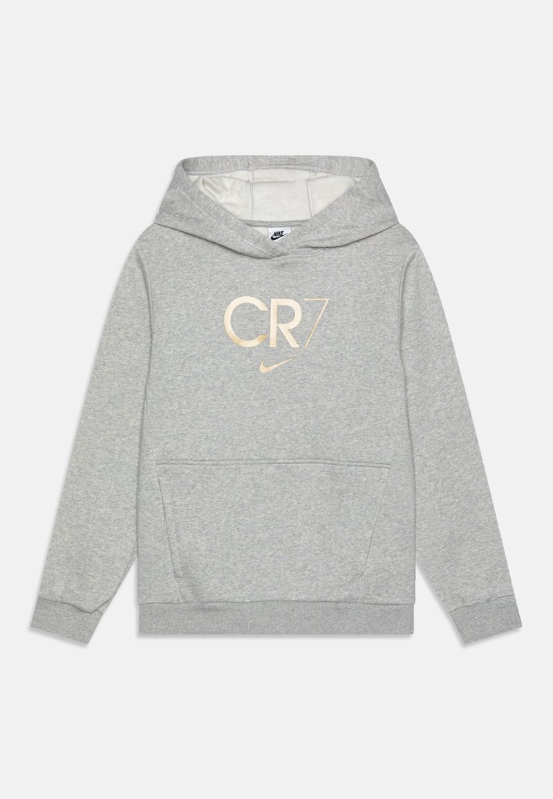 Grauem Hoodie aus einer Baumwollmischung mit Kängurutasche. Verfügt über ein goldenes "CR7"-Logo und Nike-Branding auf der Kapuze. Weicher Stoff.