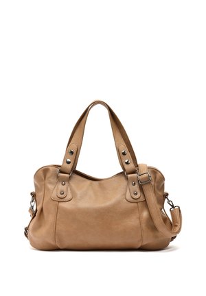 Tan leather handbag with dual top handles, detachable shoulder strap, and metal button accents on front straps.