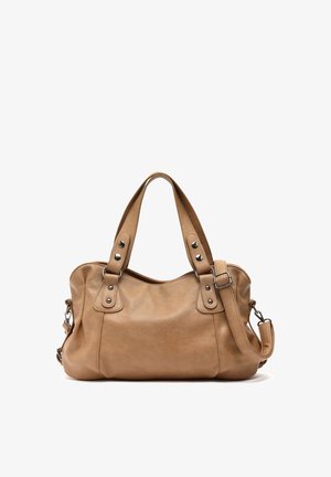 Hellbraune Lederhandtasche mit zwei oberen Griffen, abnehmbarem Schulterriemen und Metallknopfbeschlägen an den vorderen Riemen.