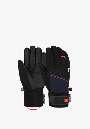 Mustat ja tummansiniset hanskat, jotka on valmistettu nahasta ja synteettisistä materiaaleista. Niissä on teksturoitu pito, säädettävät rannekkeet ja punaiset korostukset.