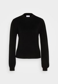 Black knitted sweater with a high neck, long puff sleeves, and ribbed cuffs and hem. Soft texture with a fitted silhouette.