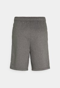 En enfärgad grå shorts med elastisk midja, slät textur och synliga sömmar på en vit bakgrund.