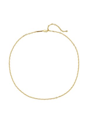 Goldfarbene Kettenhalskette mit komplizierten, länglichen ovalen Gliedern, ausgestattet mit einem sicheren Karabinerverschluss und einer verstellbaren Länge durch einen feinen Verlängerungskettchen.