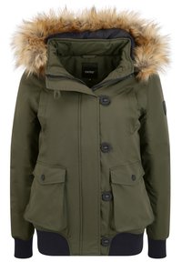 Olive green parka jacket with a faux fur-lined hood, zip closure, four front pockets, and ribbed cuffs. Textured fabric with decorative stitching.