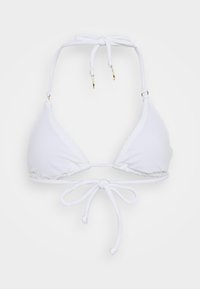 Biele bikiny vrch s trojuholníkovými pohárikmi, viazanými ramienkami a zlatými akcentmi. Mäkký materiál s hladkou textúrou a klasickým, minimalistickým dizajnom.