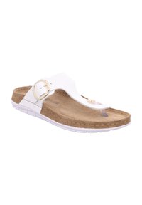 White flip-flop sandal with a textured cork footbed, a flexible white sole, and a gold-tone buckle accent on the strap.