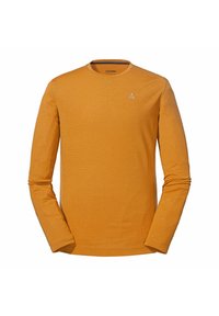 Långärmad skjorta i klar orange, tillverkad av texturerad tyg, med rund hals och liten grå logotyp på bröstet.