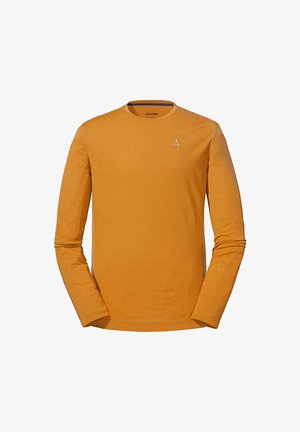Chemise à manches longues en orange vif, fabriquée à partir d'un tissu texturé, avec un col rond et un petit logo gris sur la poitrine.