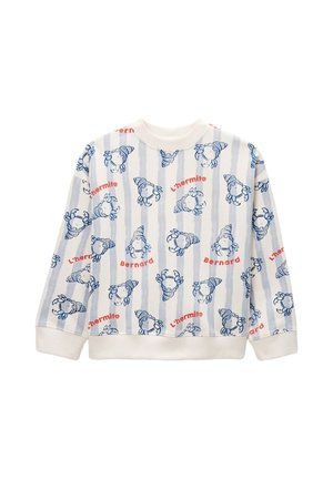 Pull à manches longues pour enfants avec des rayures verticales bleu clair, des illustrations de bernard-l’ermite bleus et un texte rouge disant « L’hermite Bernard. »