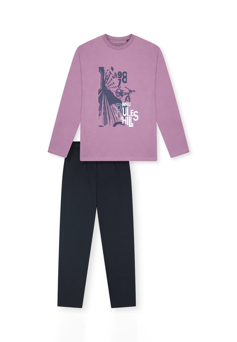 Chemise longue à manches longues de couleur violet clair avec motif graphique et pantalon noir. Texture en coton doux, coupe décontractée, taille élastique pour le confort.