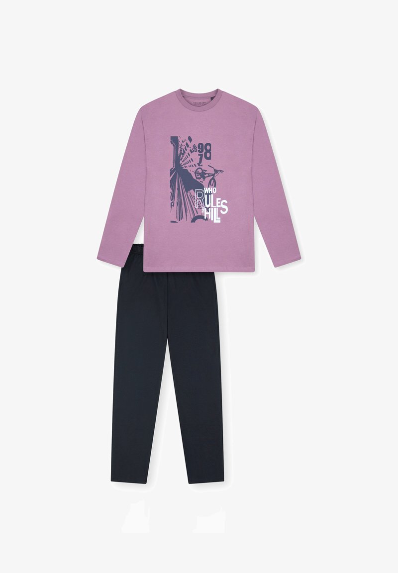 Langärmliges hellviolettes Shirt mit Grafikdruck und schwarzen Hosen. Weicher Baumwollstoff, entspannter Schnitt, elastischer Taillenbund für zusätzlichen Komfort.