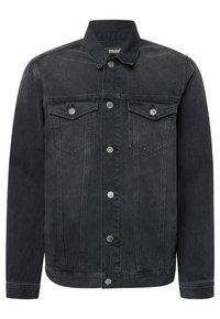 Veste en denim noire avec fermeture à boutons sur le devant, deux poches poitrine avec rabats à boutons, manches longues et col classique.