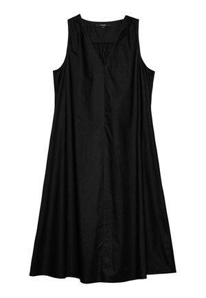 Schwarzes ärmelloses Kleid aus leichtem Stoff, mit V-Ausschnitt, Raffung am Oberteil und A-Linien-Silhouette.