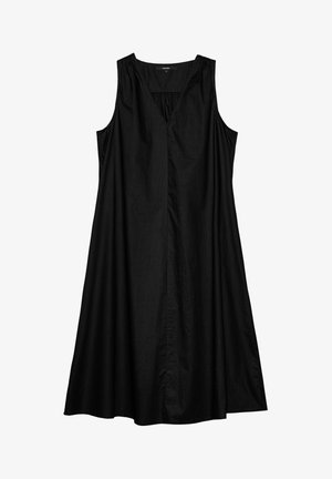 Schwarzes ärmelloses Kleid aus leichtem Stoff, mit V-Ausschnitt, Raffung am Oberteil und A-Linien-Silhouette.