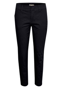 Svarta slim-fit byxor med bälteshål, framfickor och stickade detaljer, visade mot en vit bakgrund.