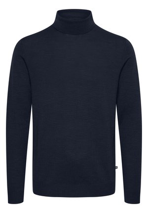Maglione a collo alto navy realizzato in morbido tessuto lavorato a maglia; forma aderente con maniche lunghe, senza fantasie e con scollo a costine.